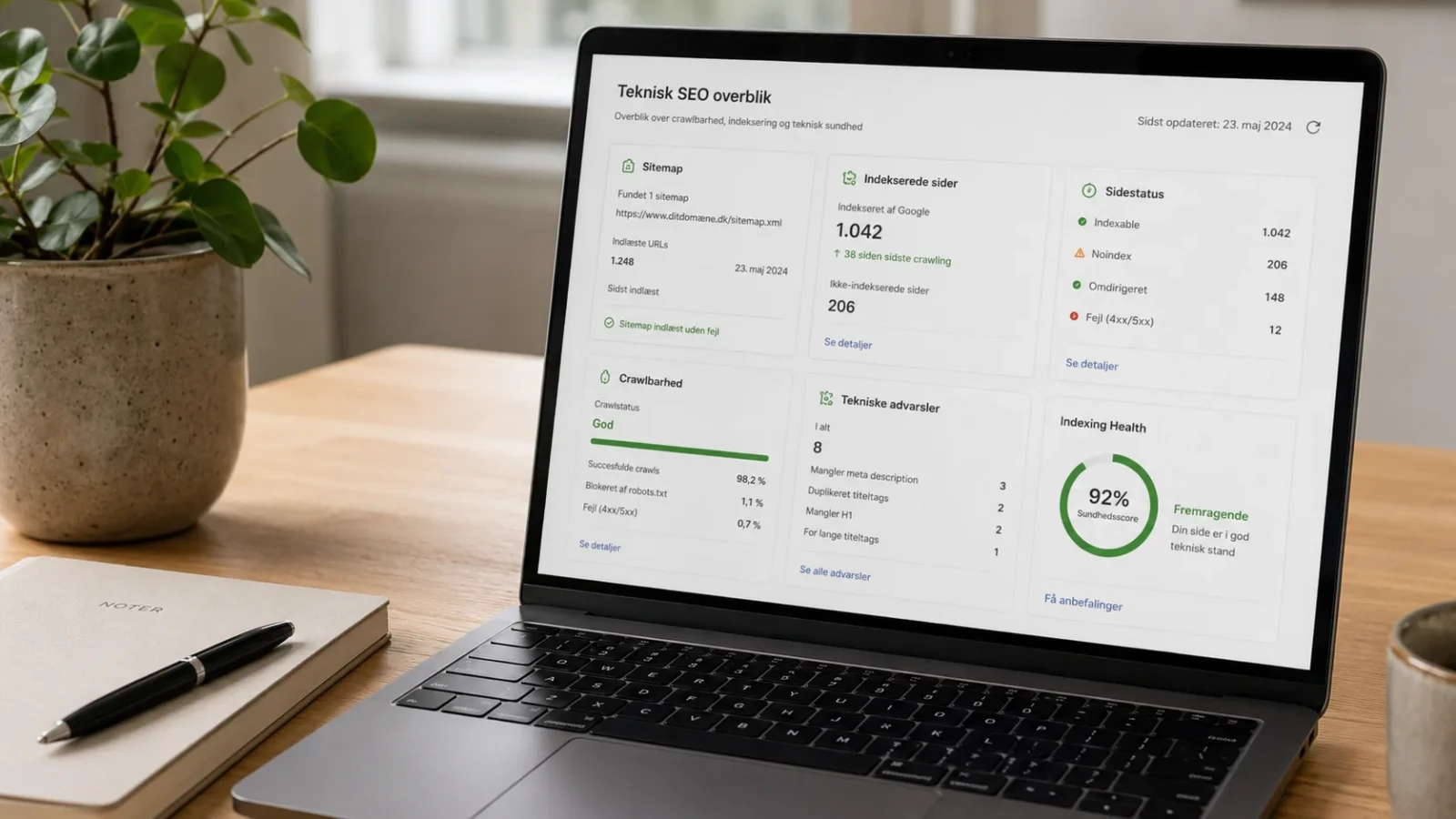 Websiteanalyse med indekserede sider, sitemap og teknisk SEO på en computerskærm