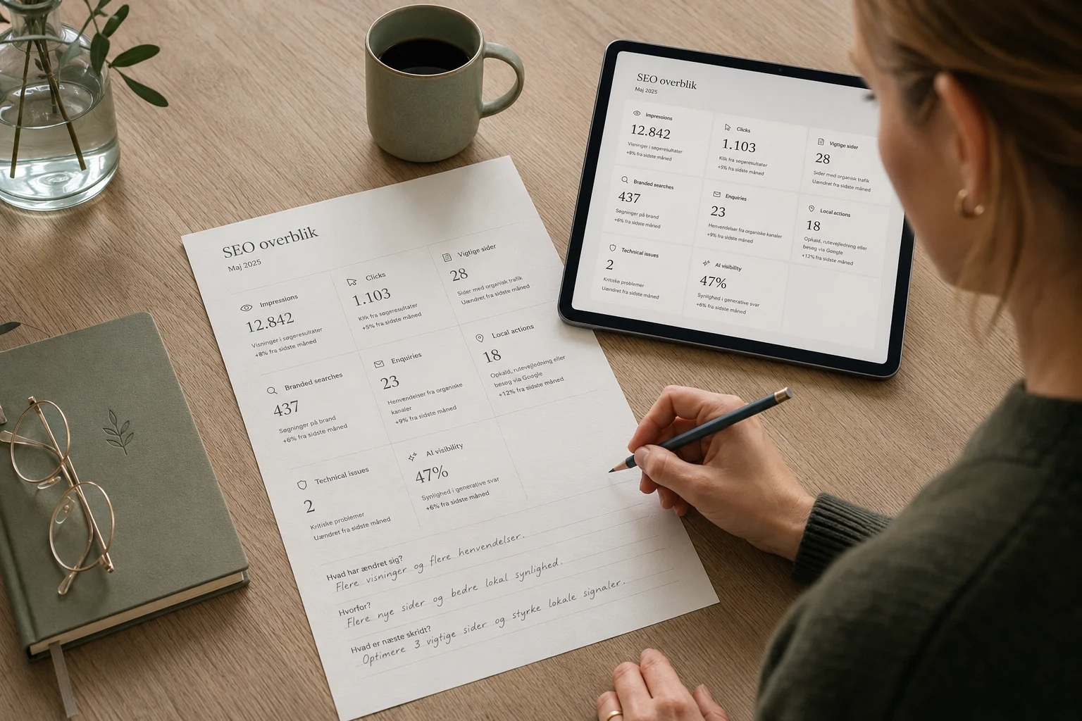 Enkelt månedligt SEO-dashboard med få relevante målepunkter