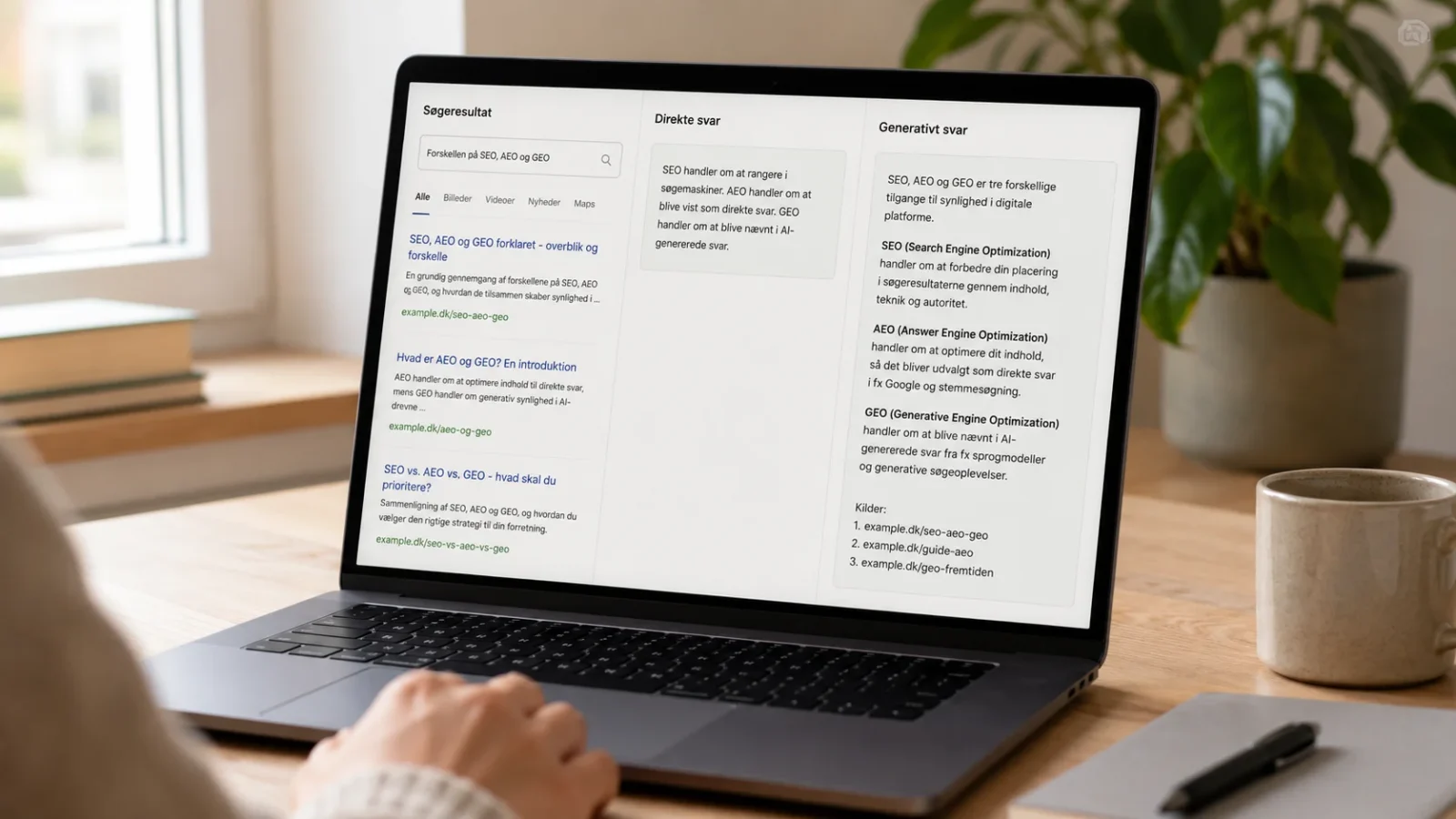 Laptop med forskellige typer søgeresultater for SEO, AEO og GEO