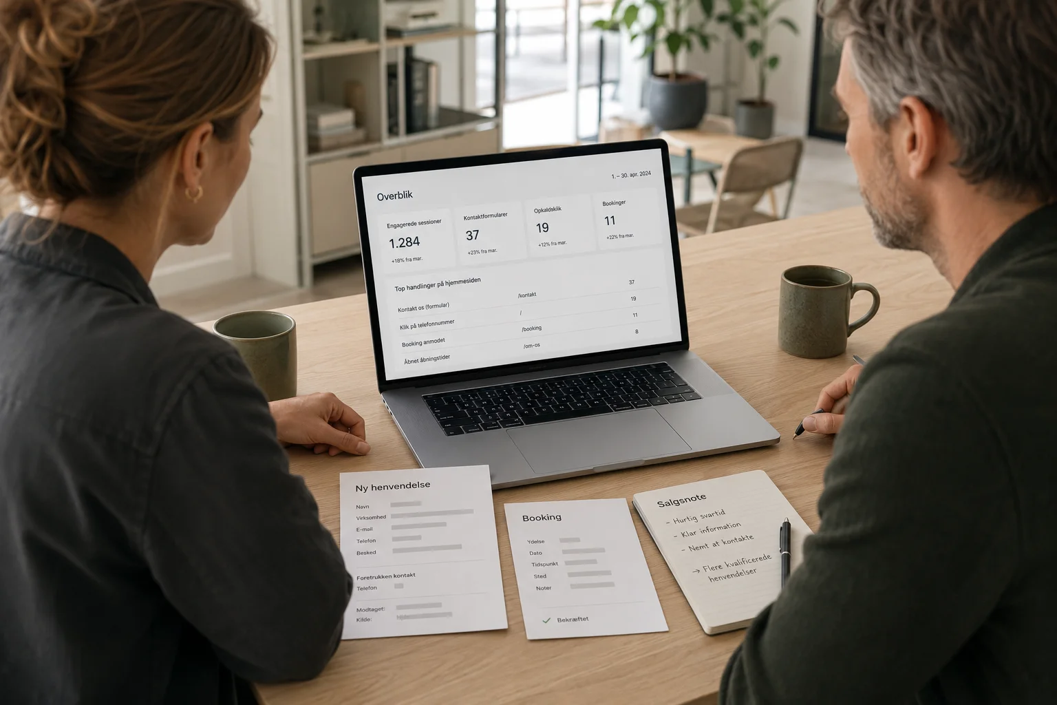 GA4-data sammenholdes med kontaktformularer, bookinger og salg