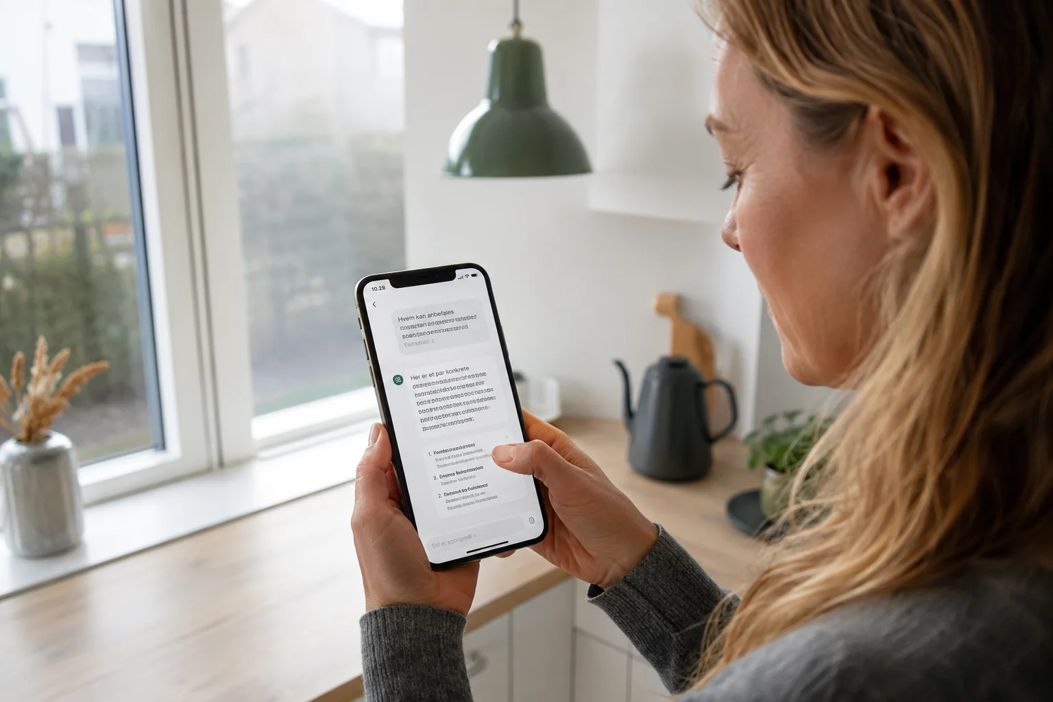 Kunde bruger AI-søgning på en mobiltelefon i et nordisk hjem