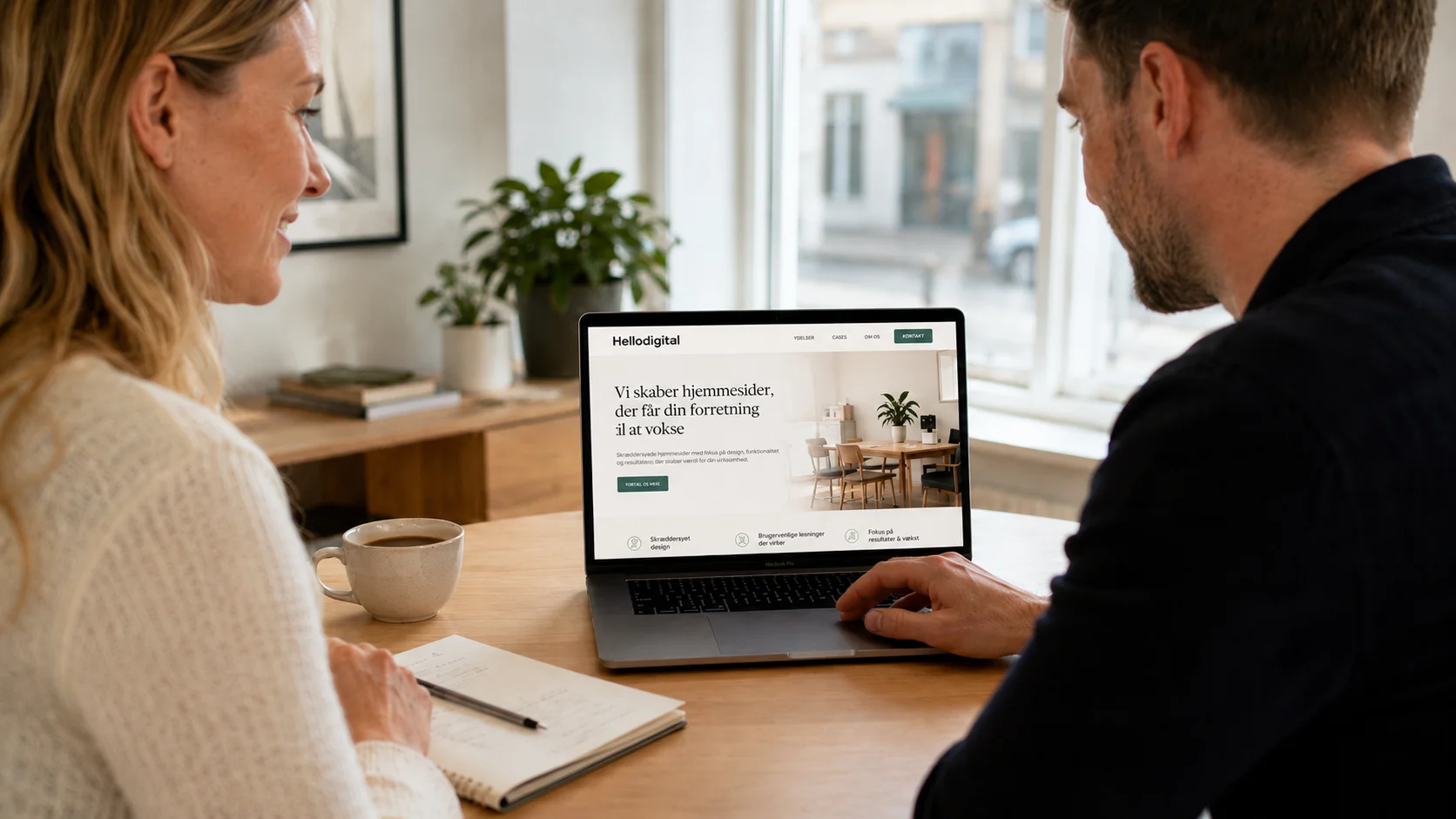 Virksomhedsejer og webdesigner gennemgår et nyt hjemmesidedesign på en laptop