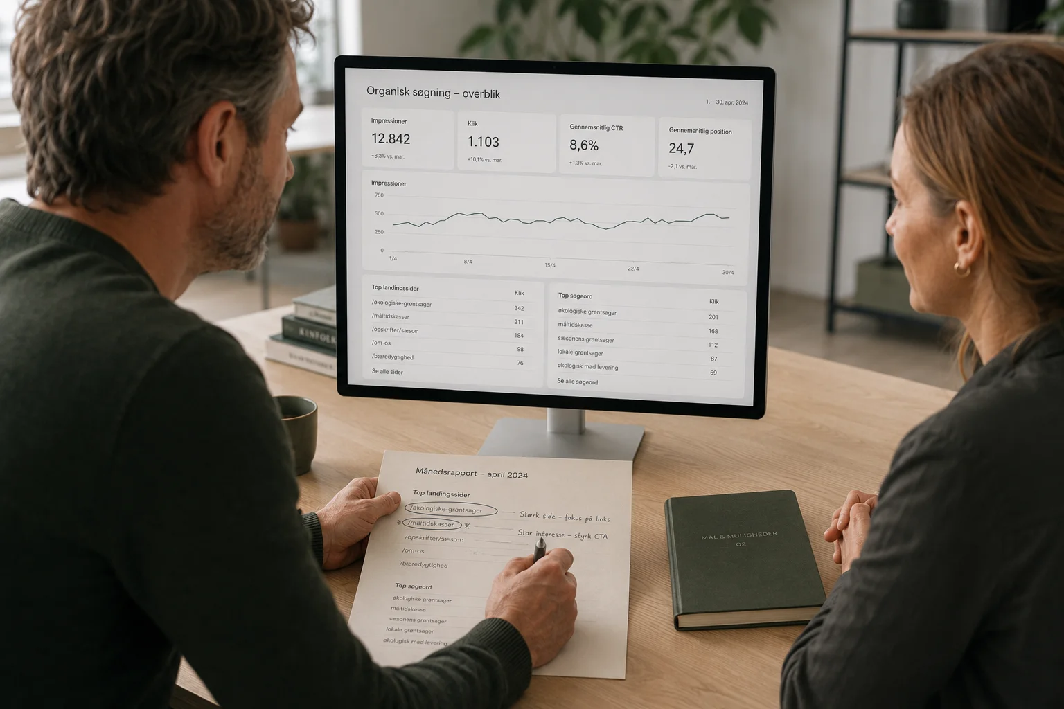 Search Console-data for visninger, klik og landingssider gennemgås