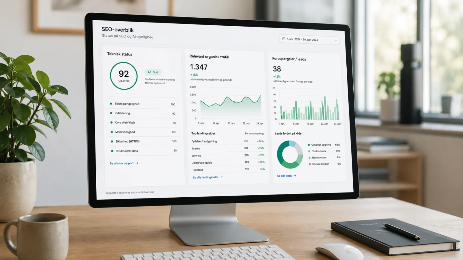 Enkelt SEO-dashboard med teknisk status, trafik og henvendelser