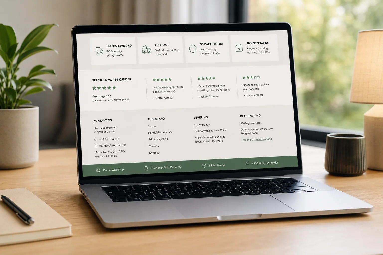 Webshop med tydelige kontaktoplysninger, anmeldelser og returvilkår