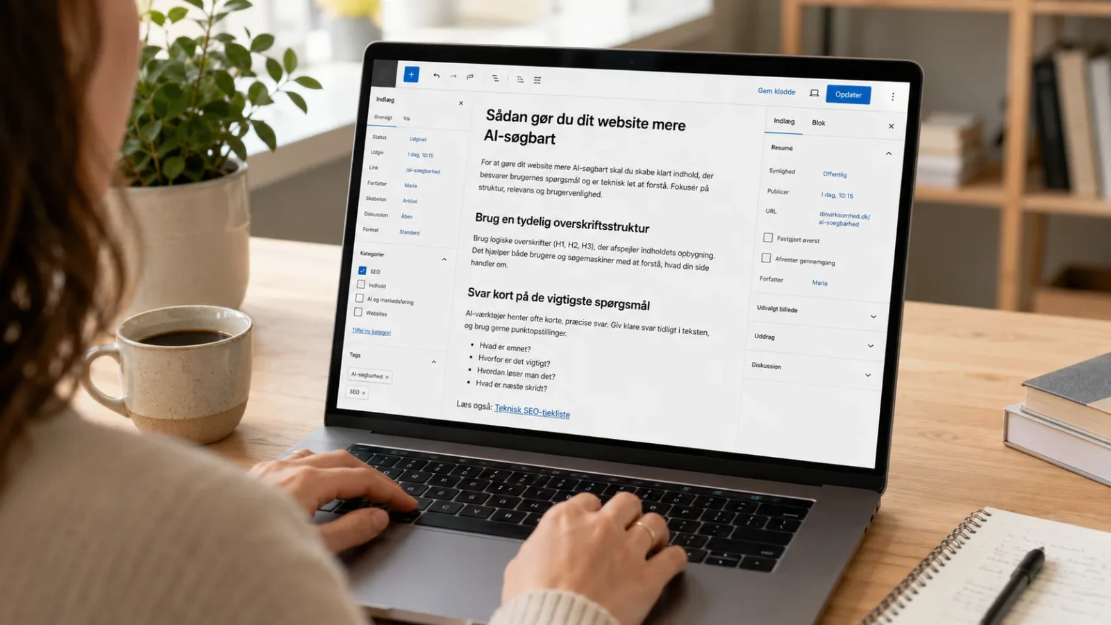 Redaktør strukturerer en dansk webside med overskrifter, svar og interne links