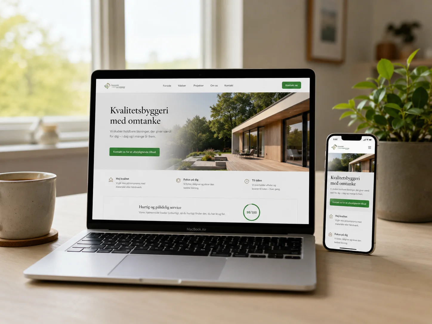 Hurtig virksomhedshjemmeside vises på laptop og mobiltelefon