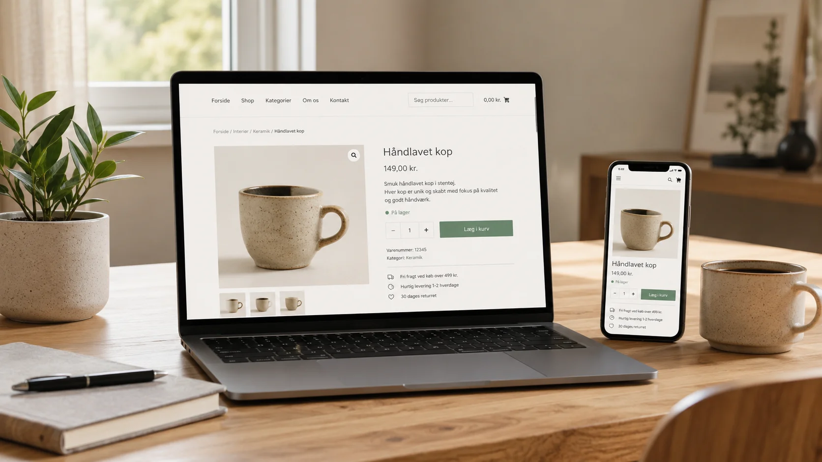 Moderne dansk webshop vist på laptop og mobil i et lyst arbejdsmiljø