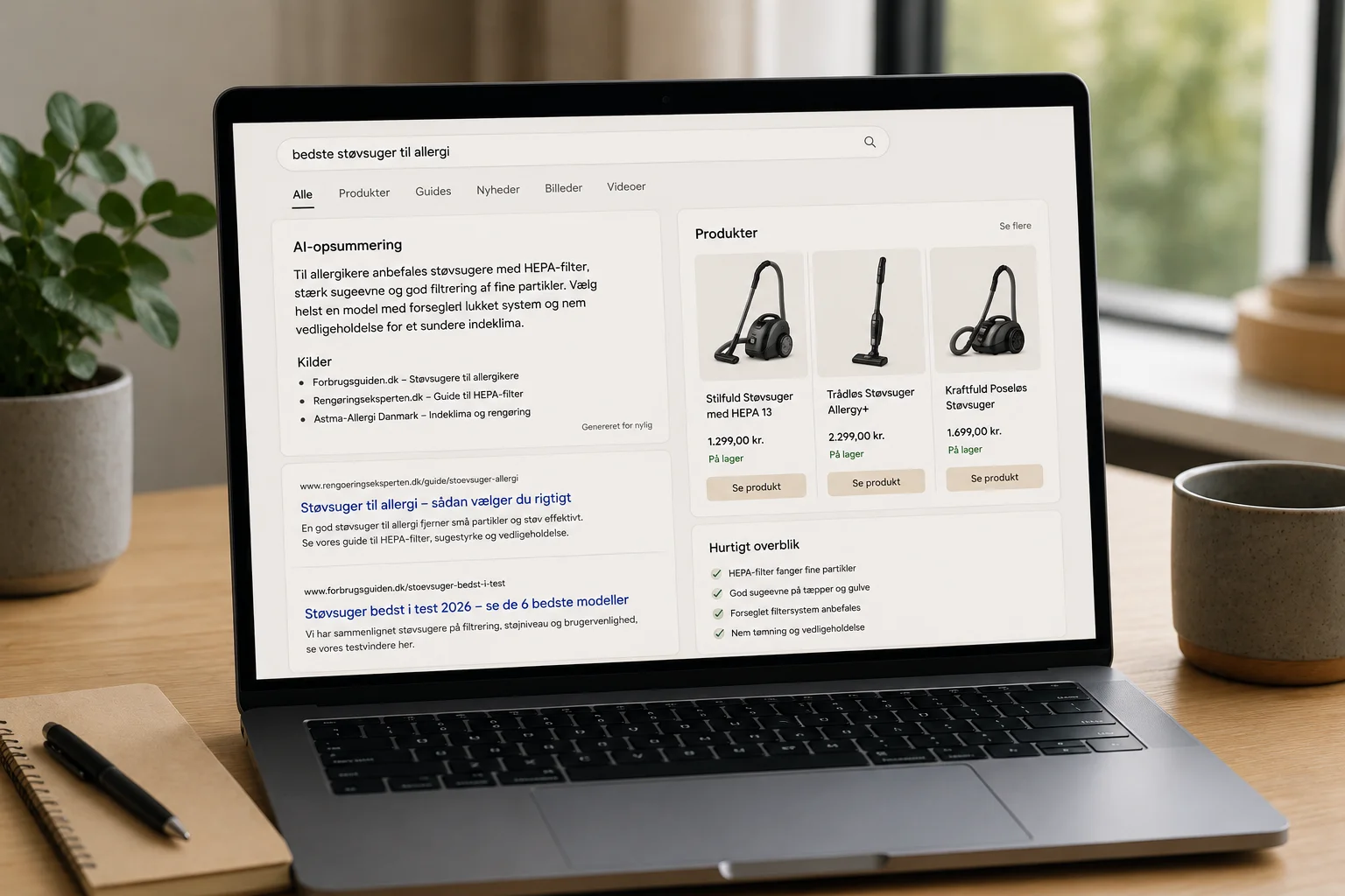 Webshopprodukter vist i en moderne søgeoplevelse på laptop