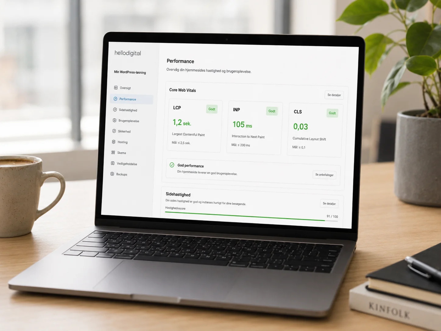 ore Web Vitals-dashboard med LCP INP og CLS på laptop