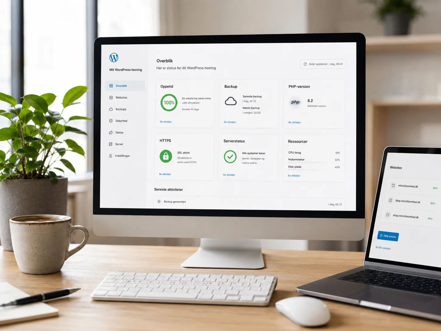Hosting- og driftsoverblik for WordPress på computerskærm