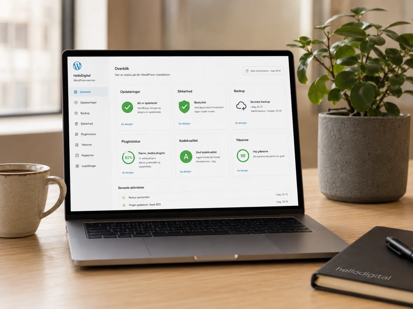 WordPress-sikkerhed og clean code på skærm i moderne kontor