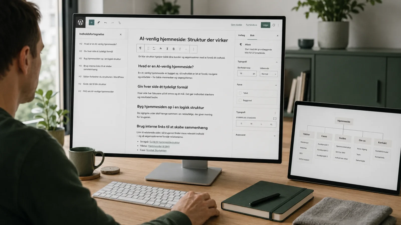 WordPress-side redigeres med korrekte overskrifter og Gutenberg-blokke